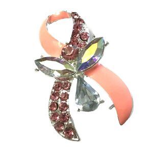 Crystal Pink Ribbon Angel Pin Brooch Breast Cancer Awareness Survivor Enamel